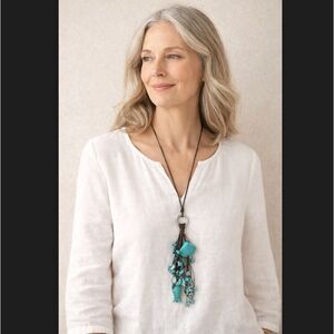 J Jill Turquoise Cluster Necklace Aqua Fish Shell Coastal Boho Cord Adjustable